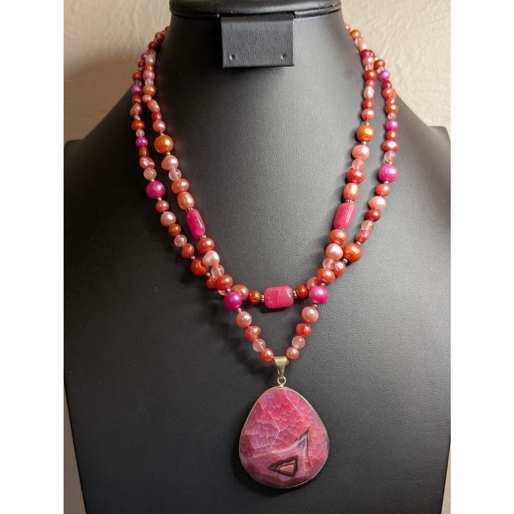 Double Strand Multi-Color Pearl Fuchsia Pink Rhodochrosite Pendant Necklace